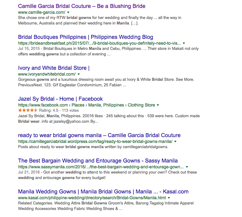 basic SEO strategies for beginners screenshot bridal